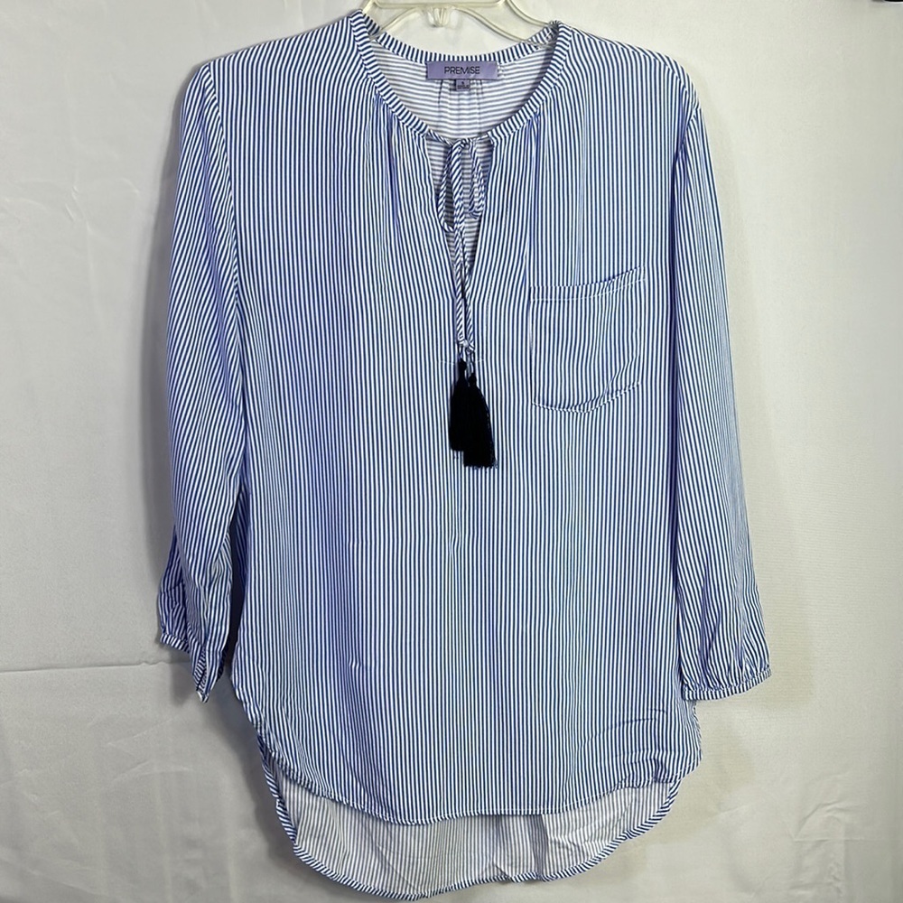 Premise Blue And White Striped Hi Lo Tunic Top Size Small Front Pocket
